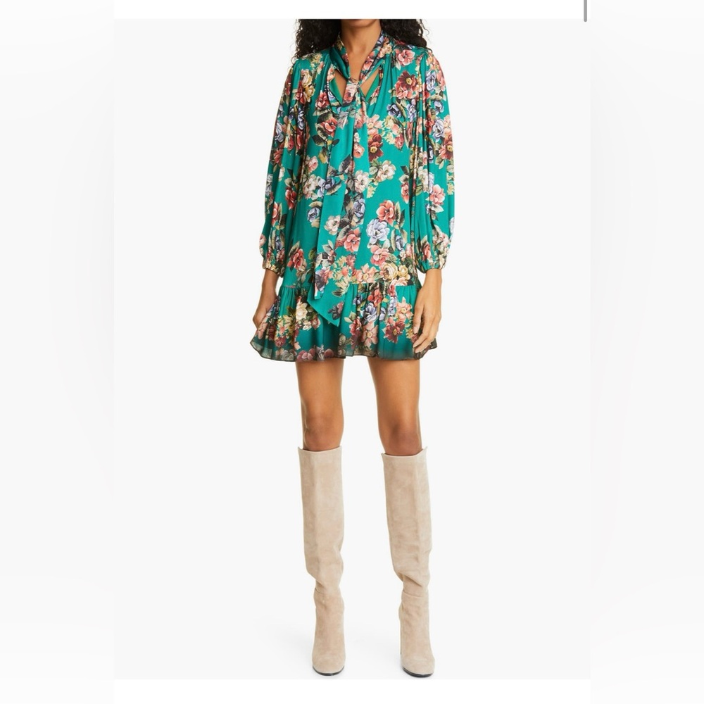 Alice + Olivia Merrilee Floral Long Sleeve Tie Neck Minidress